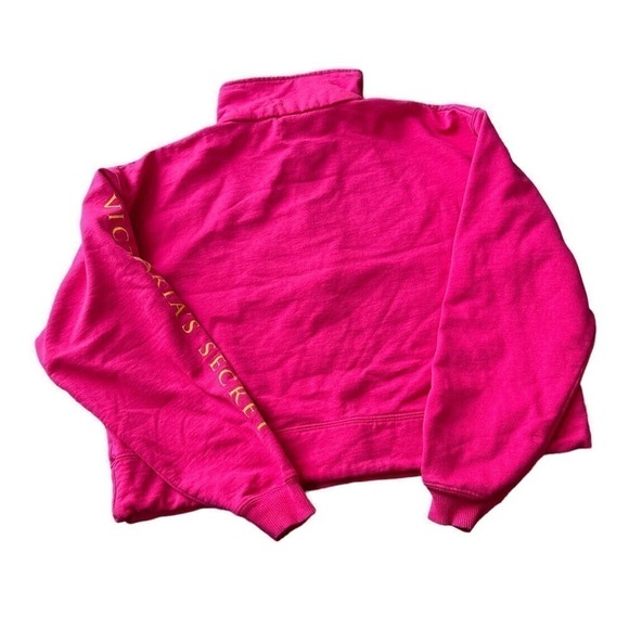 VICTORIAS Secret‎ Cropped 1/4 Zip Sweatshirt Drawstring Pink with Gold 90s Y2K - Picture 2 of 10